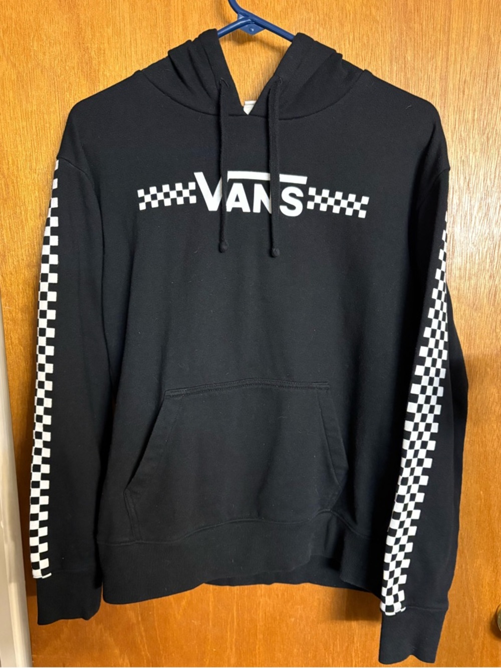 Vans Black Hoodie with White Checkerboard Sleeve Stripes